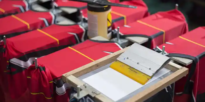 Siebdruckverfahren in der Textilveredelung mit roter Kleidung auf Druckplatten und Rakel.